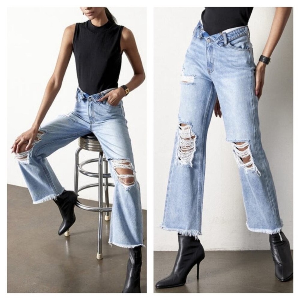 Insane gene fold over Distressed straight/wide raw hem Jeans 3/25 fits 4/27